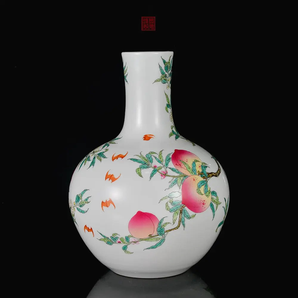 Modern Pure Handmade Replica | Famille Rose Nine-Peach Antique Porcelain Vase | Luxury Living Room Decor & Premium Gif