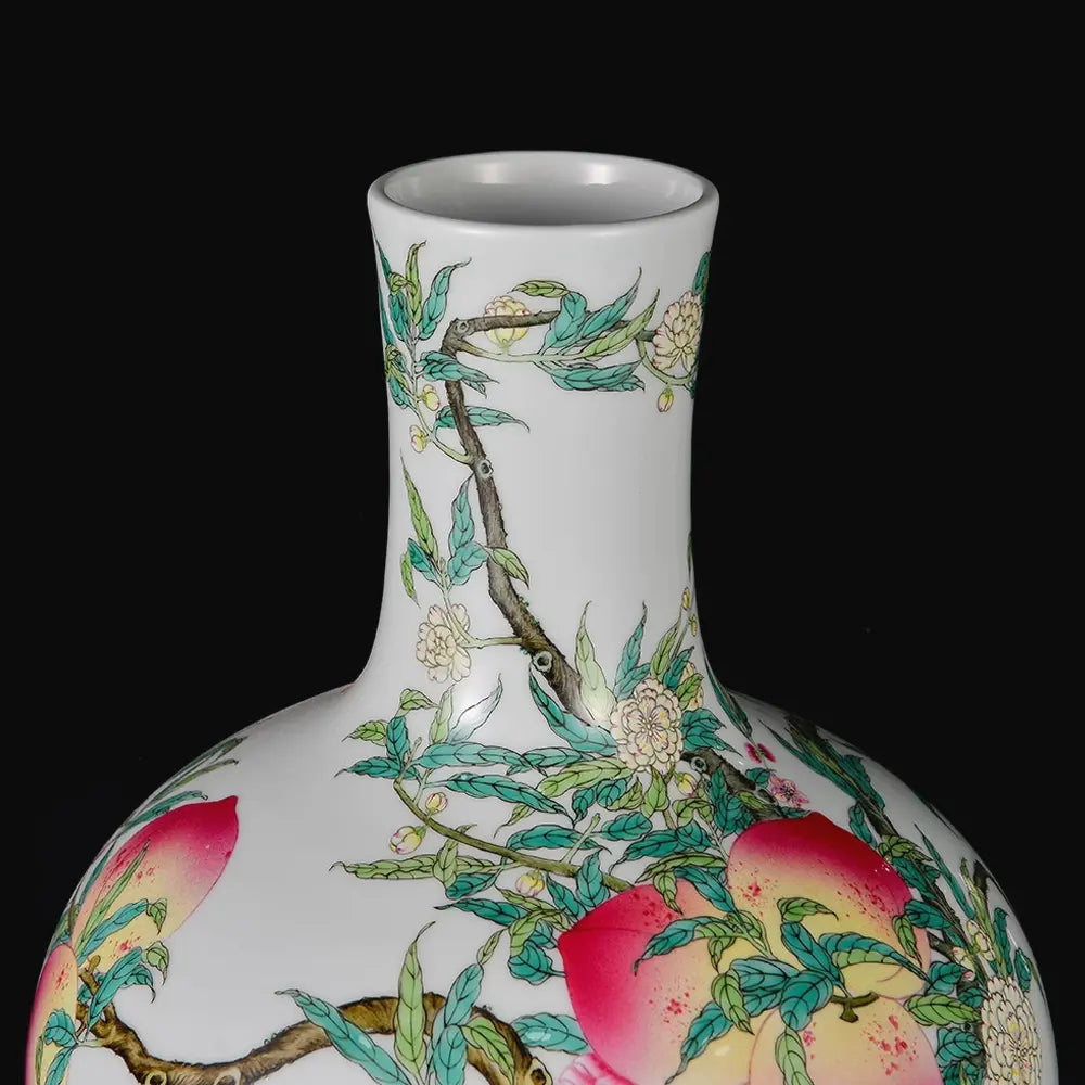 Modern Pure Handmade Replica | Famille Rose Nine-Peach Antique Porcelain Vase | Luxury Living Room Decor & Premium Gif