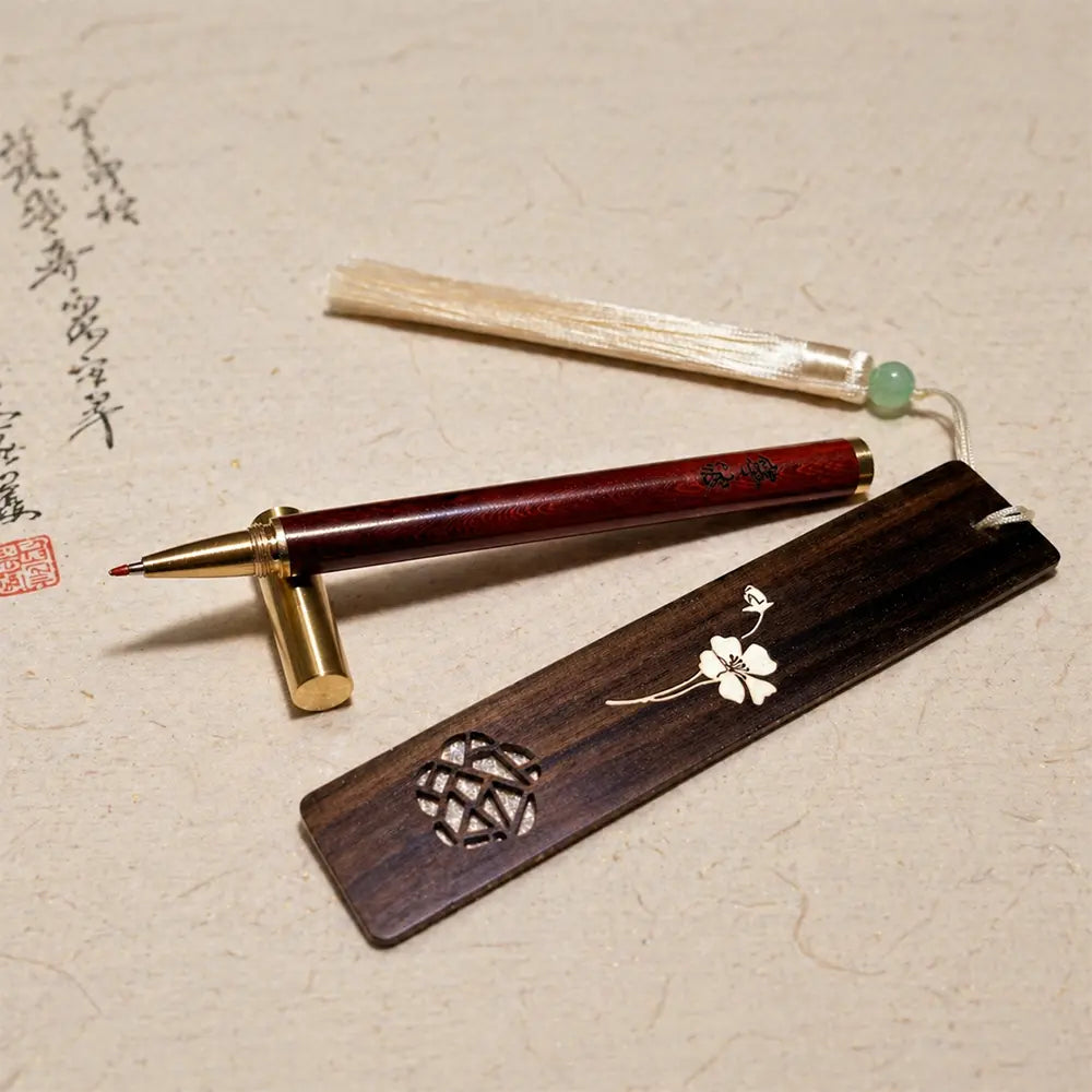 Intangible Cultural Heritage Bone & Wood Inlaid Redwood Fountain Pen + Redwood Bookmark Gift Set