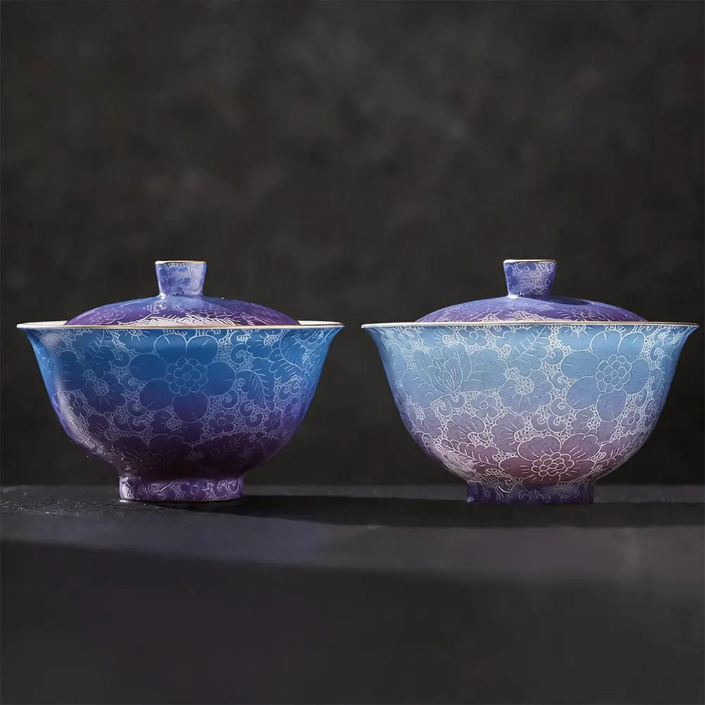 Modern Pure Handmade Replica | Two-tone Hand-Painted Carved Pattern Gaiwan, Personal Exclusive Teacup Tea Set