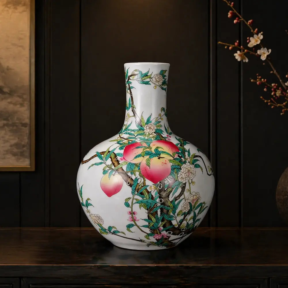 Modern Pure Handmade Replica | Famille Rose Nine-Peach Antique Porcelain Vase | Luxury Living Room Decor & Premium Gif