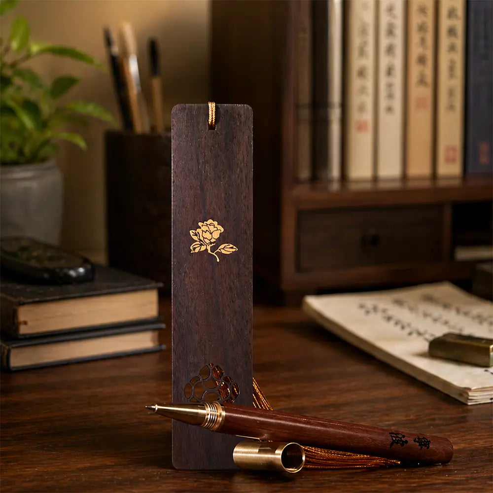 Intangible Cultural Heritage Bone & Wood Inlaid Redwood Fountain Pen + Redwood Bookmark Gift Set