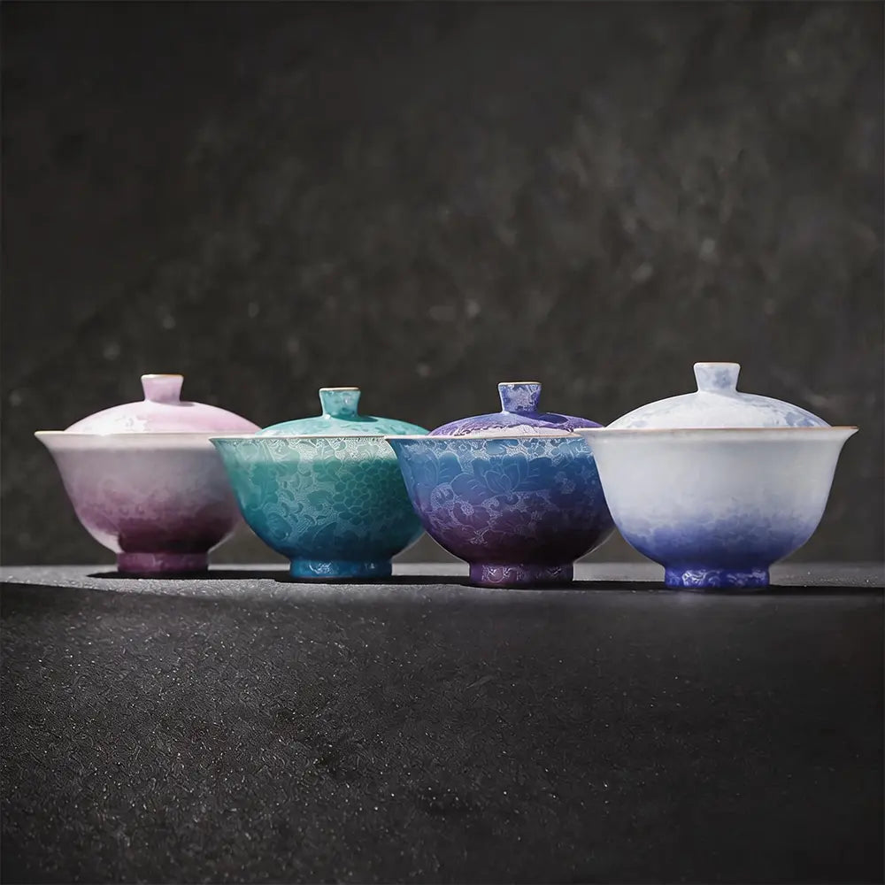 Modern Pure Handmade Replica | Two-tone Hand-Painted Carved Pattern Gaiwan, Personal Exclusive Teacup Tea Set