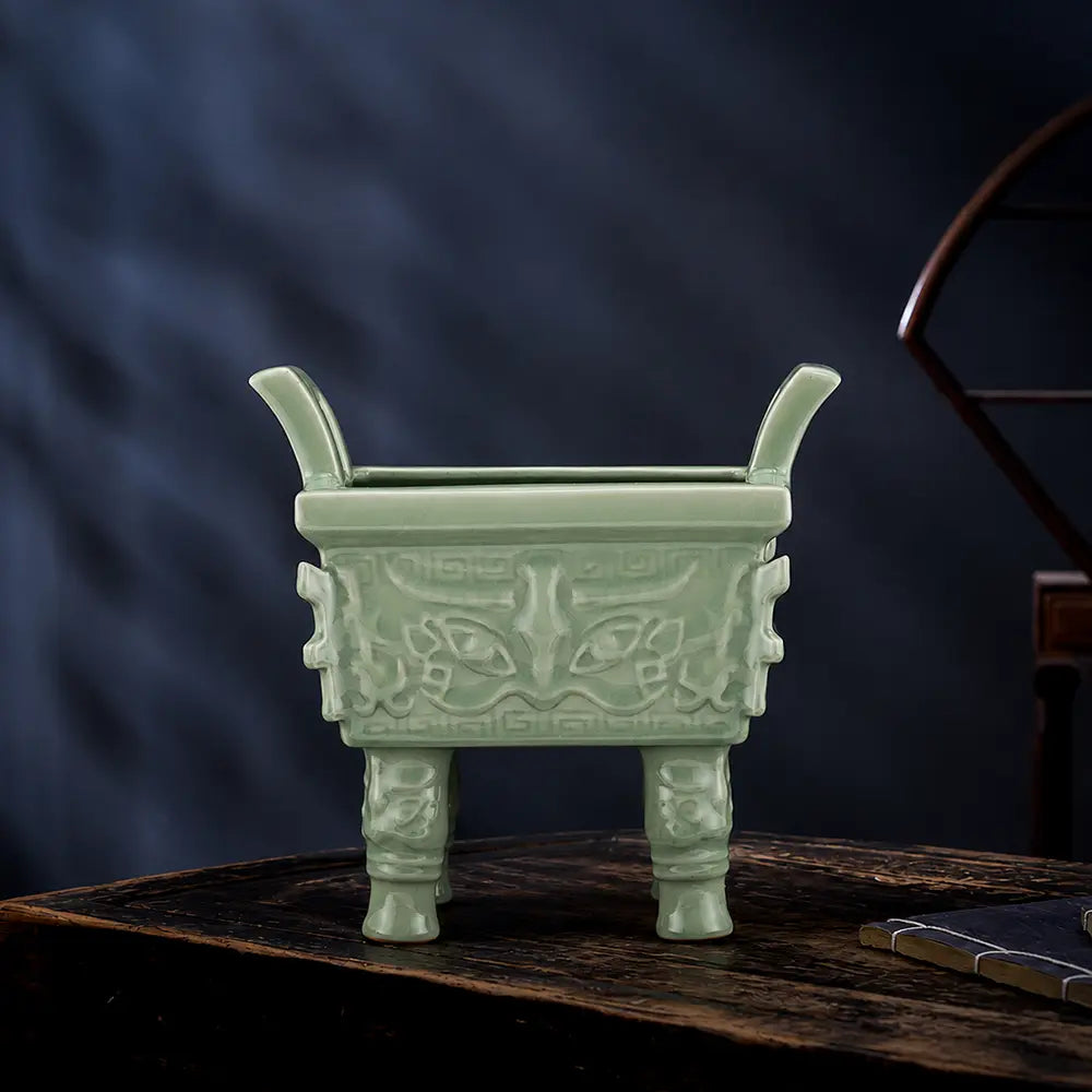 Ru Ware Sky-Cyan Square Ding Censer, Modern Pure Handcrafted Replica, Ancient Official Kiln Celadon Ritual Vessel