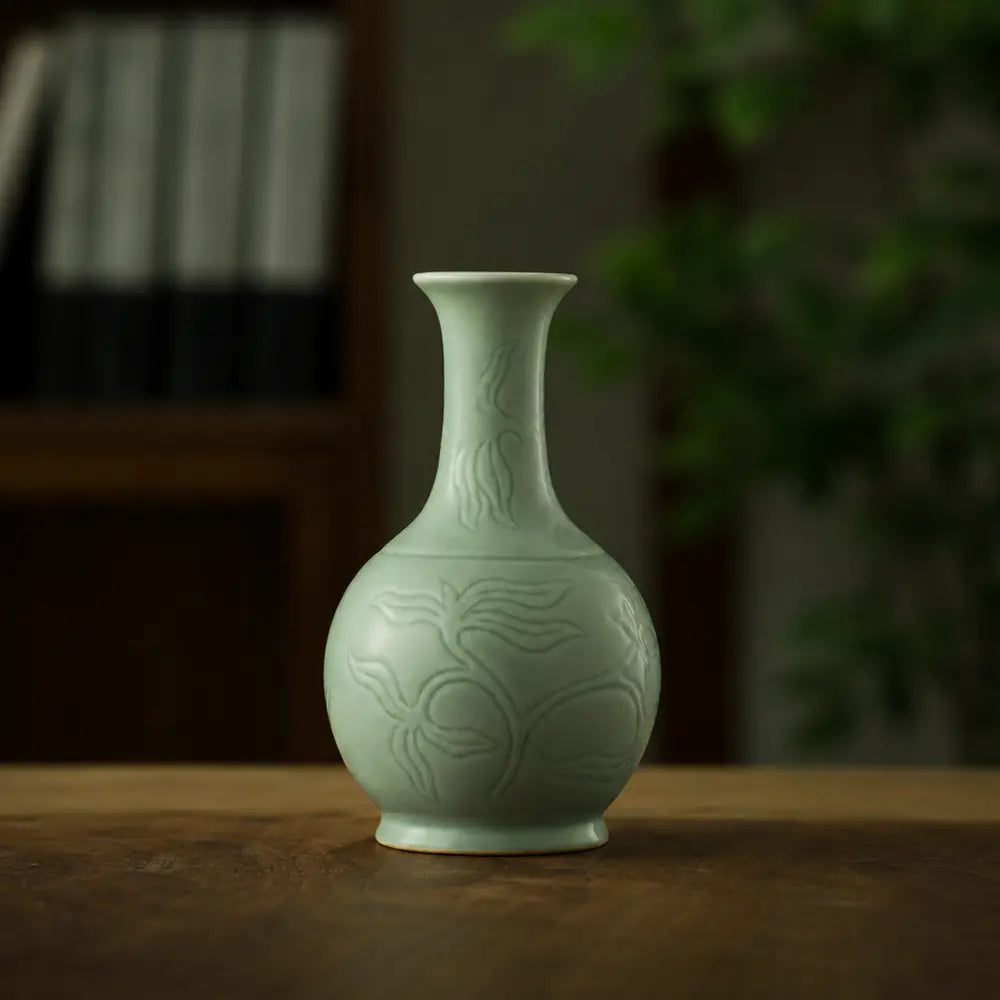 Ru Ware Incised Pattern Goose Neck Vase, Modern Pure Handcrafted Replica, Ancient Official Kiln Sky-Cyan Celadon Vase