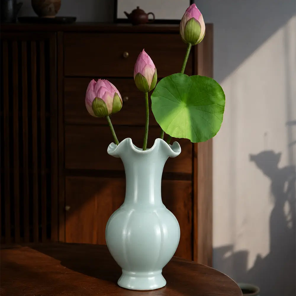 Ru Ware Sky-Cyan Lotus Rim Vase, Modern Pure Handcrafted Replica, Ancient Official Kiln Celadon Vase