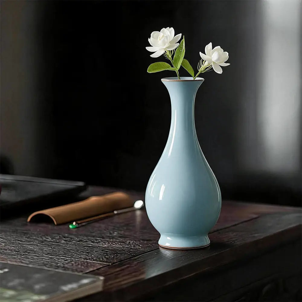 Ru Ware Sky-Cyan Yuhuchun Vase, Modern Pure Handcrafted Replica, Ancient Official Kiln Celadon Vase