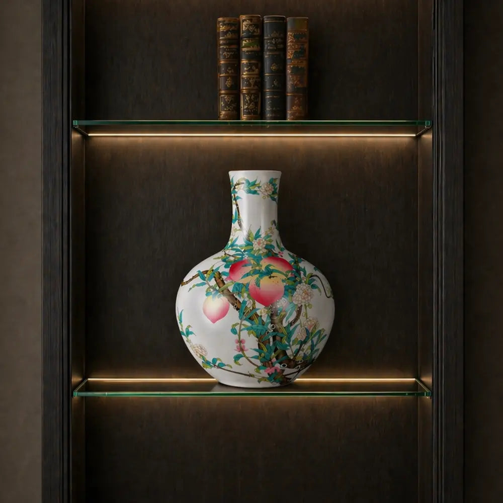 Modern Pure Handmade Replica | Famille Rose Nine-Peach Antique Porcelain Vase | Luxury Living Room Decor & Premium Gif