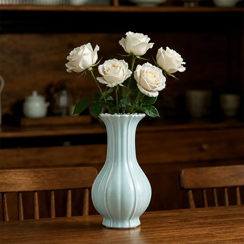 Ru Ware Sky-Cyan Begonia Vase, Modern Pure Handcrafted Replica, Ancient Official Kiln Celadon Vase