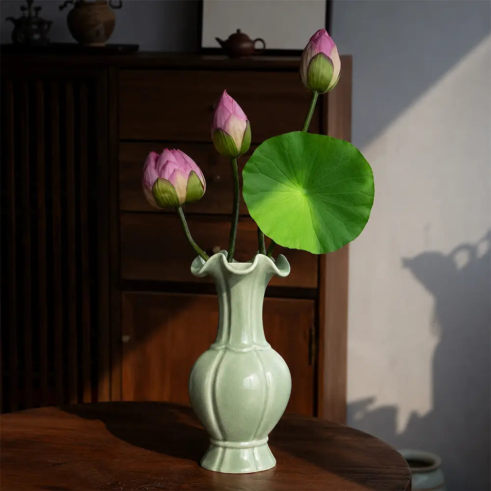 Ru Ware Emerald-Green Lotus Rim Vase, Modern Pure Handcrafted Replica, Ancient Official Kiln Celadon Vase