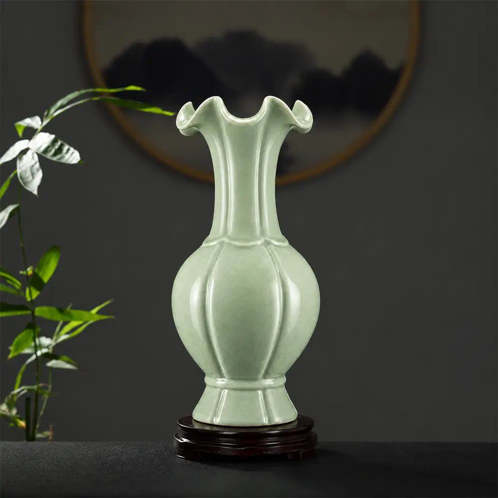 Ru Ware Emerald-Green Lotus Rim Vase, Modern Pure Handcrafted Replica, Ancient Official Kiln Celadon Vase