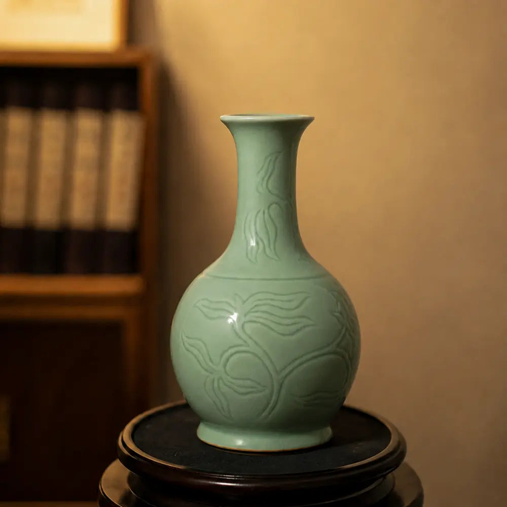 Ru Ware Incised Pattern Goose Neck Vase, Modern Pure Handcrafted Replica, Ancient Official Kiln Sky-Cyan Celadon Vase