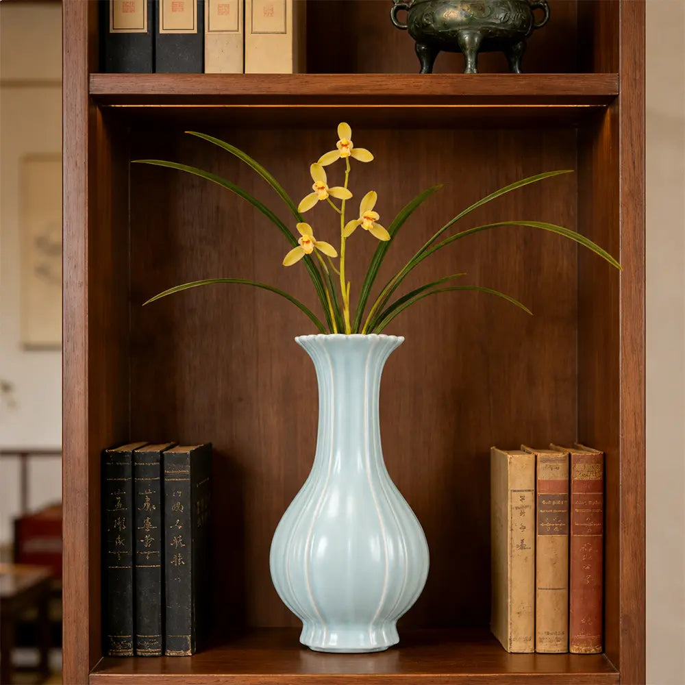 Ru Ware Sky-Cyan Begonia Vase, Modern Pure Handcrafted Replica, Ancient Official Kiln Celadon Vase