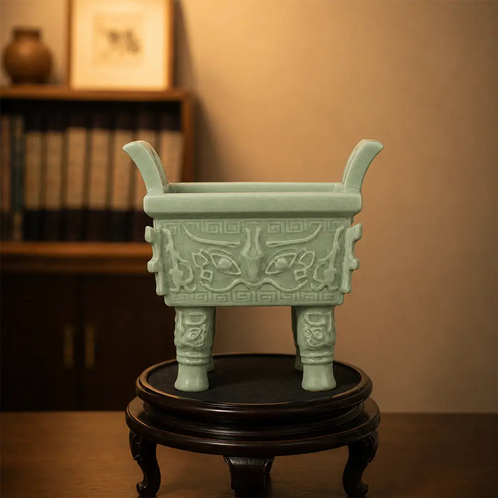 Ru Ware Sky-Cyan Square Ding Censer, Modern Pure Handcrafted Replica, Ancient Official Kiln Celadon Ritual Vessel