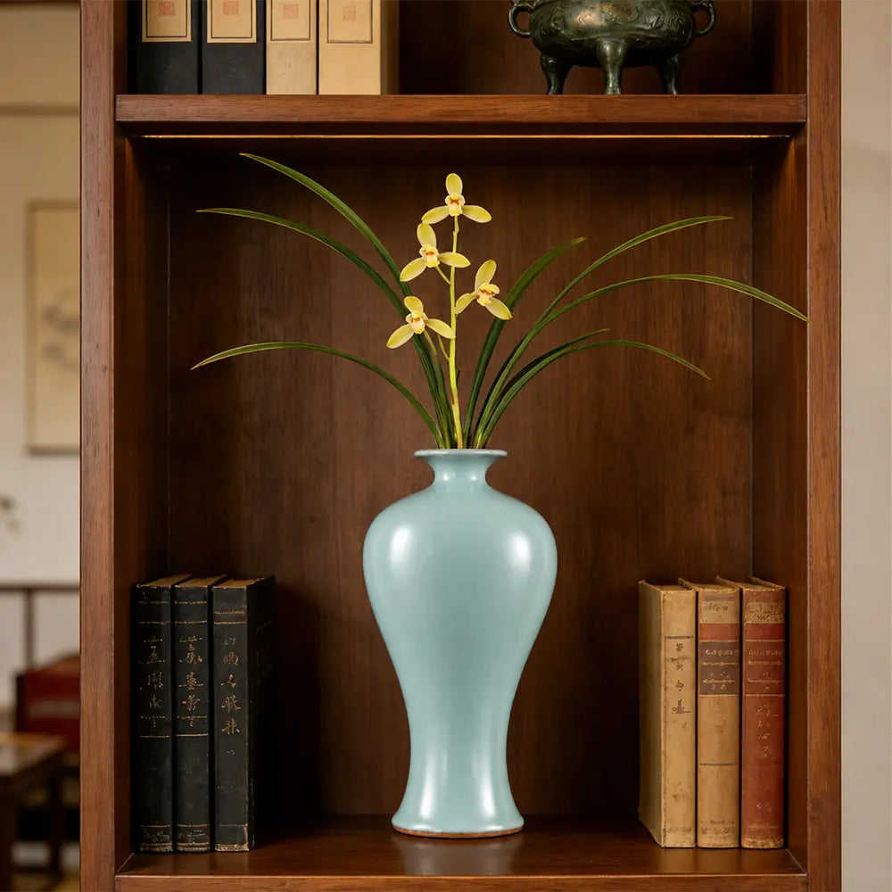 Ru Ware Sky-Cyan Meiping Vase, Modern Pure Handcrafted Replica, Ancient Official Kiln Celadon Vase