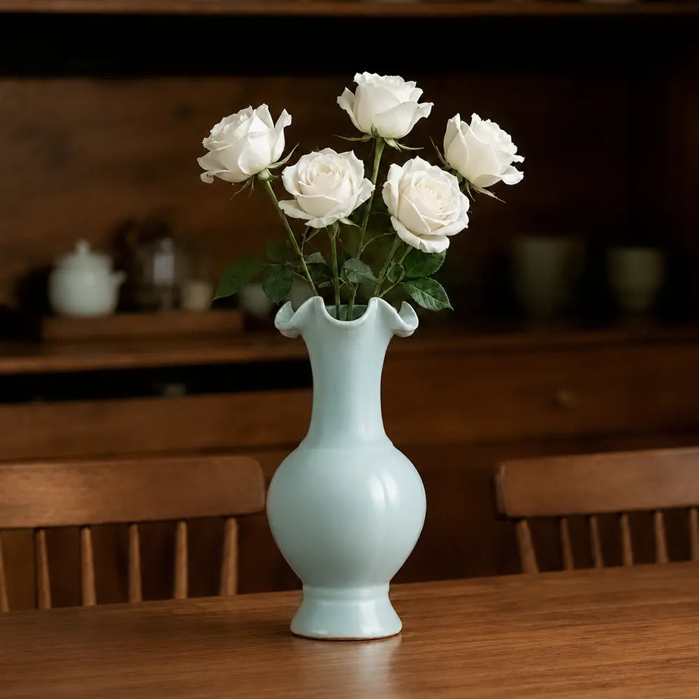 Ru Ware Sky-Cyan Lotus Rim Vase, Modern Pure Handcrafted Replica, Ancient Official Kiln Celadon Vase