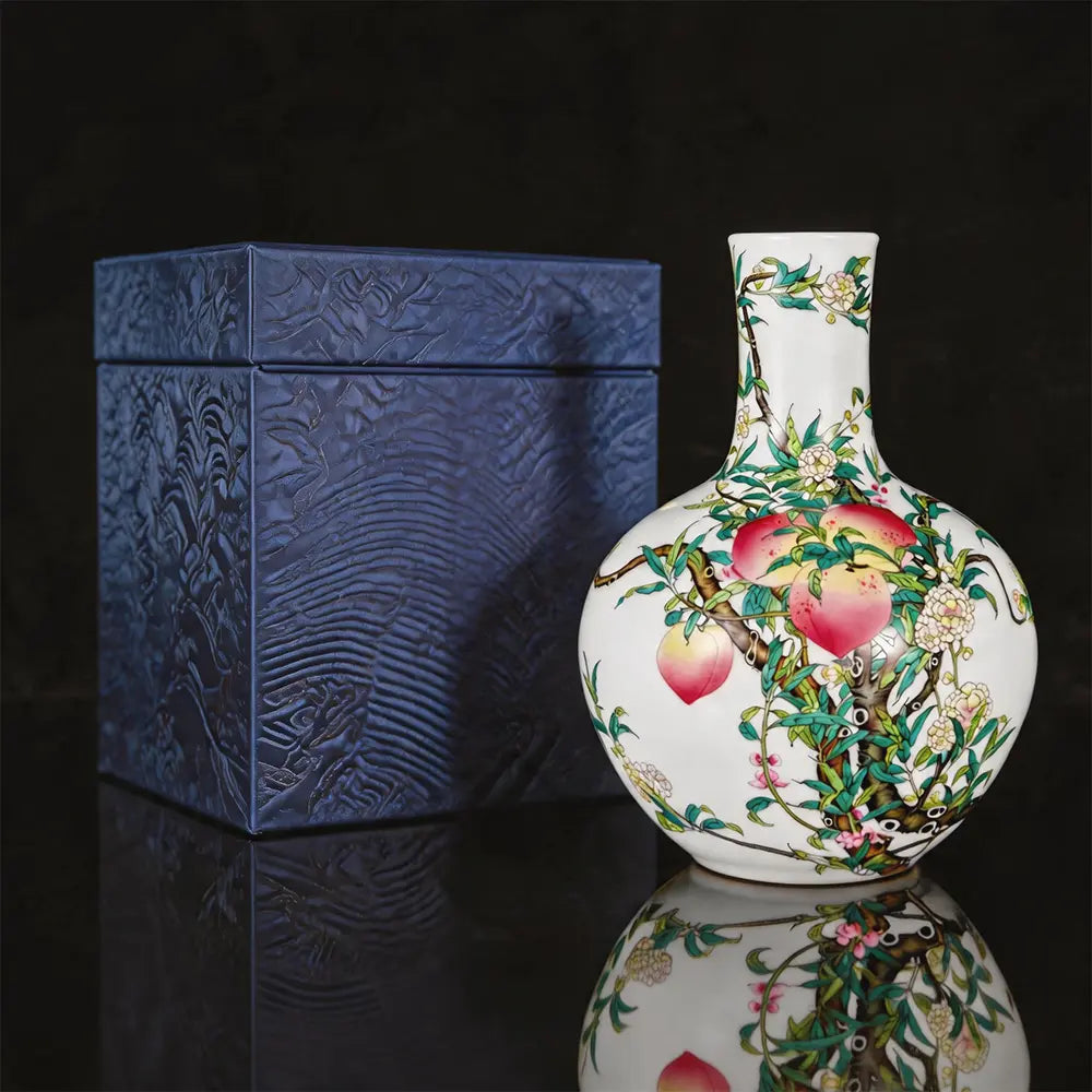 Modern Pure Handmade Replica | Famille Rose Nine-Peach Antique Porcelain Vase | Luxury Living Room Decor & Premium Gif
